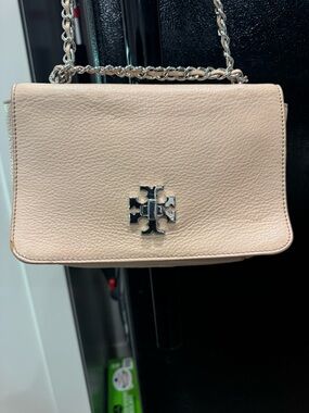 Tory Burch Pebbled Leather Chain Shoulder Bag — Blush with Silver Hardware